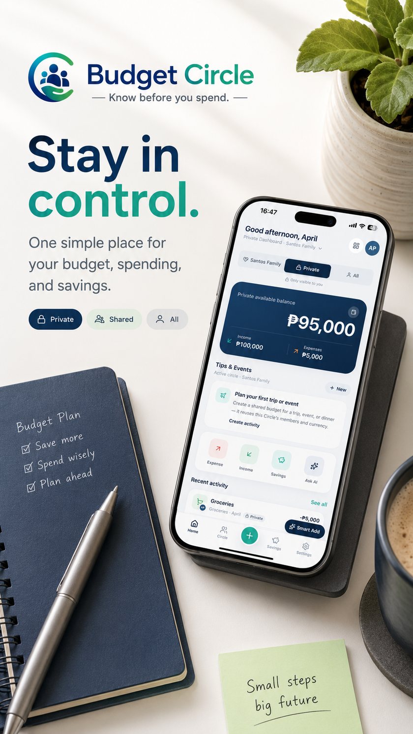Budget Circle app showing a private dashboard with income, expenses, and savings