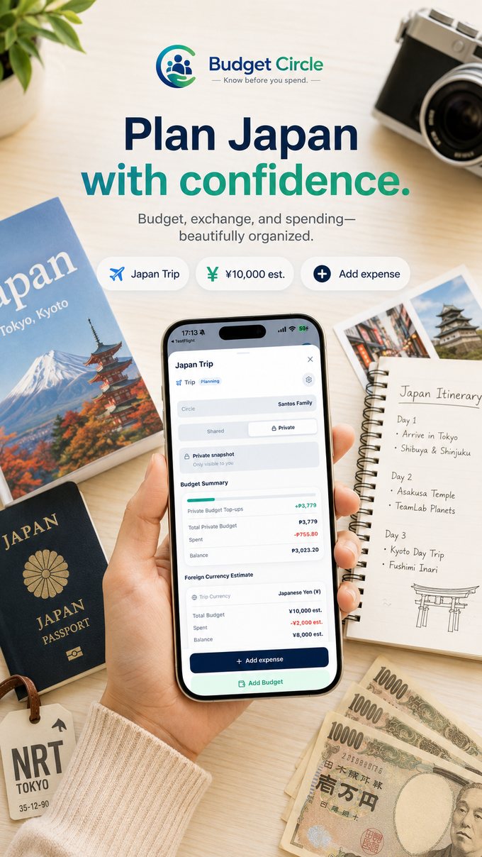 Budget Circle planning a Japan trip with budget and currency estimates