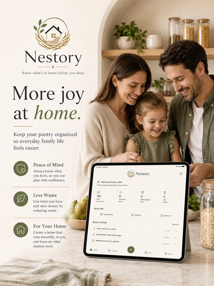 Nestory home inventory app shown on a tablet in a warm family kitchen