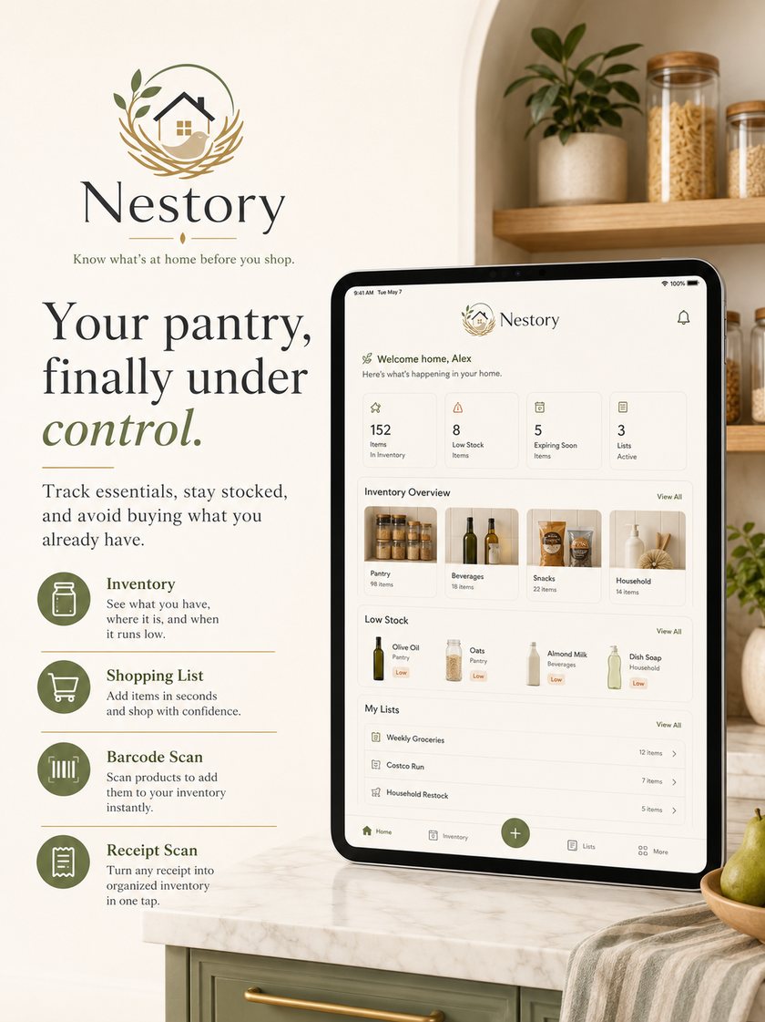 Nestory home inventory dashboard on a tablet — pantry, beverages, snacks and low-stock items