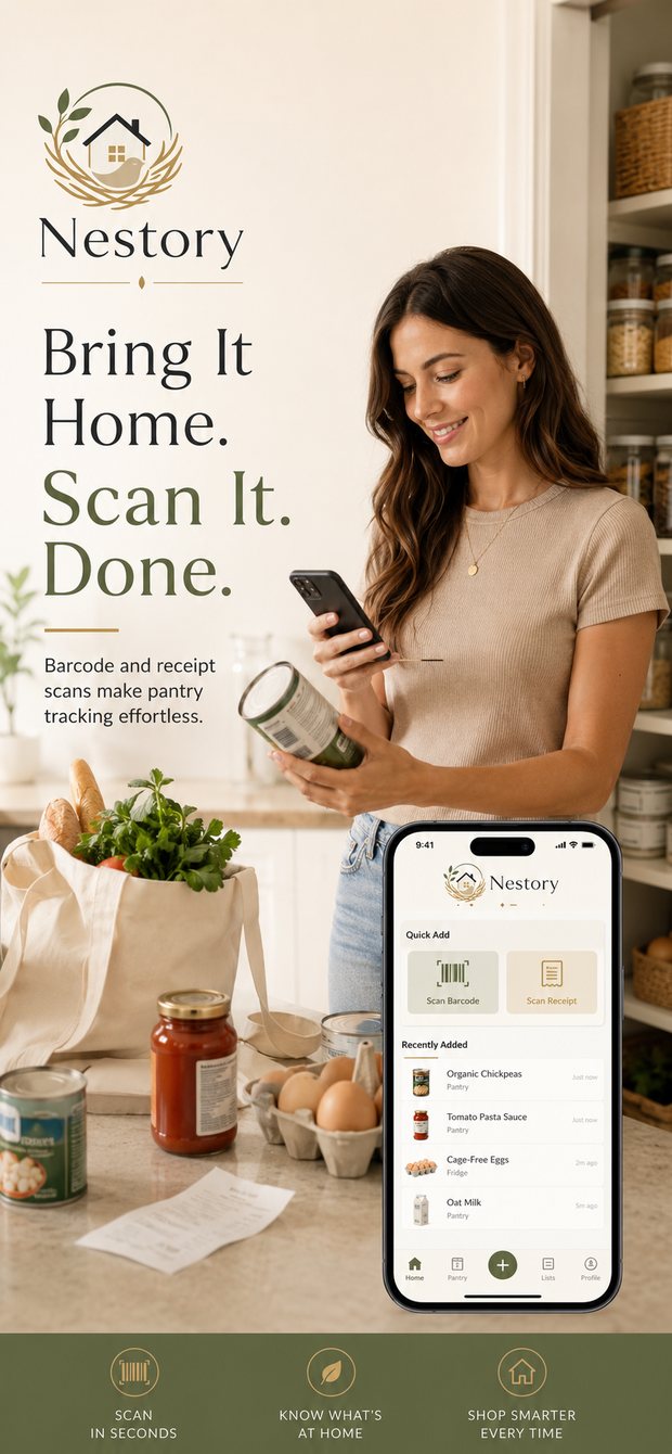 Nestory barcode and receipt scanning on a phone while unpacking groceries