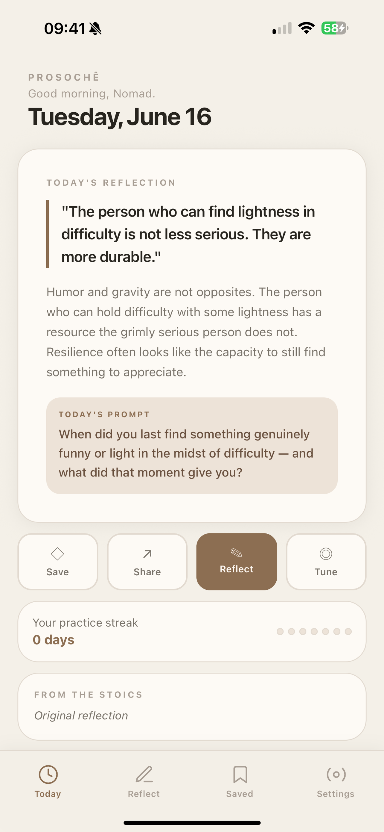 Prosochê app — today's Stoic reflection and daily prompt shown on a phone